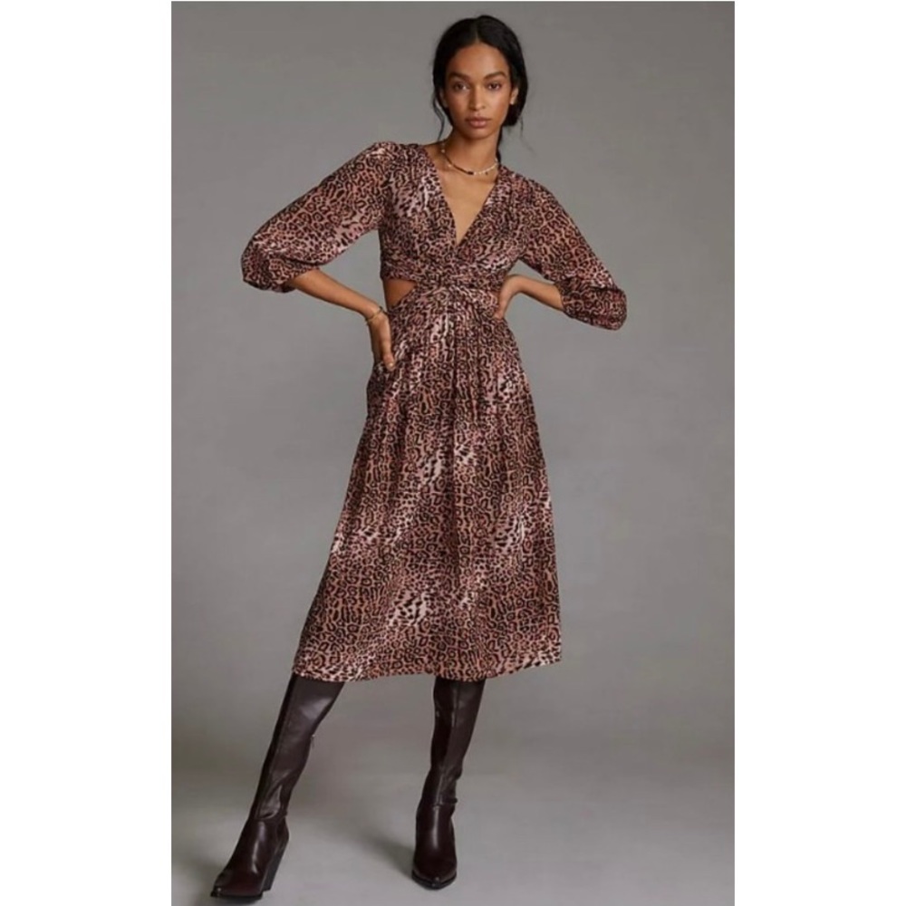 Anthropologie Ranna Gill Leopard Printed Cut Out Midi Dress XS